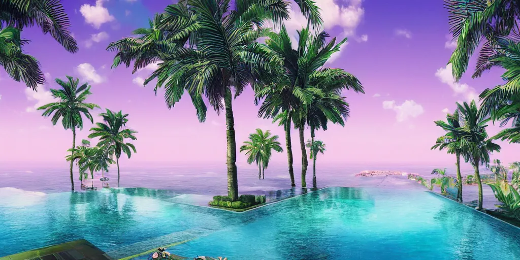 Image similar to masterpiece, hyperrealistic surrealism, award winning masterpiece with incredible details, epic stunning, infinity pool, a surreal vaporwave liminal space, highly detailed, trending on ArtStation, calming, meditative, pink arches, flowing silk sheets, palm trees, very vaporwave, very very surreal, sharp details, dreamscape