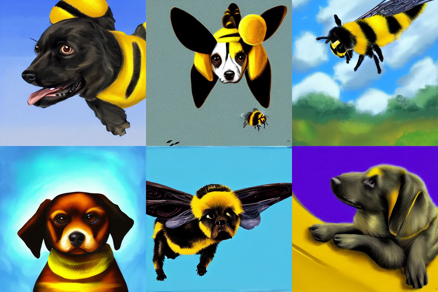 Prompt: dog with bumblebee wings flying, sky, digital painting