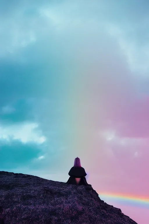 Prompt: high quality pastel coloured film close up wide angle photograph of a model wearing clothing resting on cloud furniture in a icelandic black rock environment in a partially haze filled dreamstate world. three point light, rainbow. photographic production. art directed. pastel colours. volumetric clouds. pastel gradient overlay. waves glitch artefacts. extreme facial clarity. 8 k. filmic.