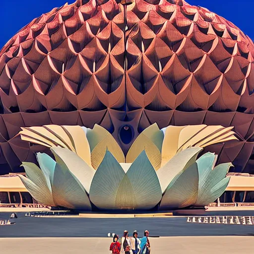 Image similar to futuristic lotus fractal temple with gold, red and white marble panels, in the desert, by buckminster fuller and syd mead, intricate contemporary architecture, photo journalism, photography, cinematic, national geographic photoshoot