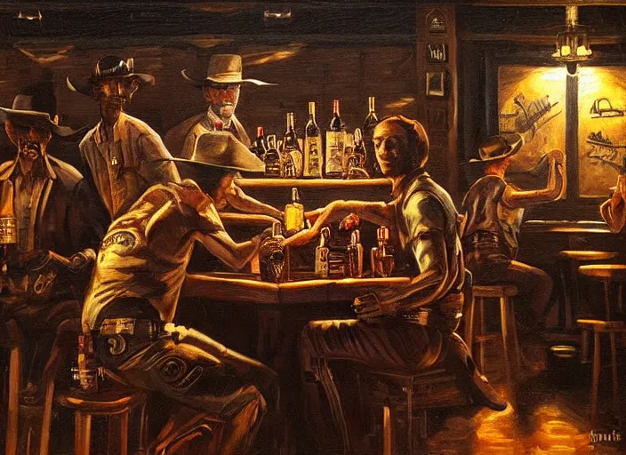 Image similar to aliens drinking whiskey in a western bar, painting, detailed, sharpness, moody