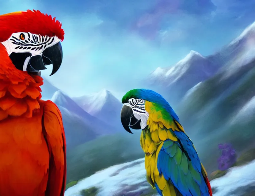 Prompt: macaw alchemist girl in the flowering snowy mountains. complementary colors, indie concept art, luminescent, 4 k, chiaroscuro, backlighting.