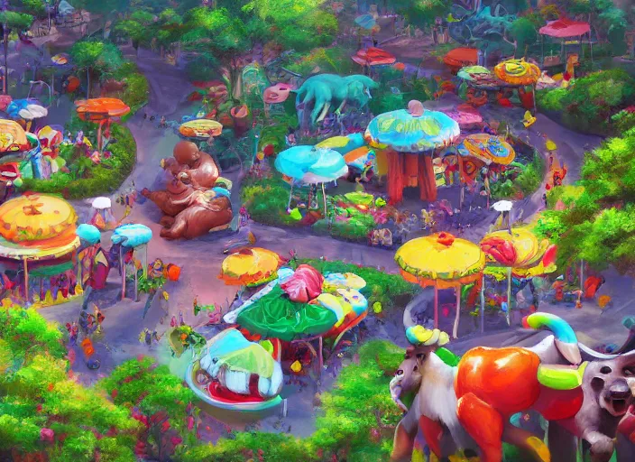 Prompt: candy zoo park for a game candy themed, top angle, oil painting by jama jurabaev, extremely detailed, brush hard, artstation, for aaa game, high quality, brush stroke