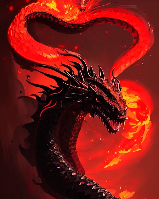 Prompt: black red ink smoke draconic serpent portrait, explosion of flames, tony sart, noir, artstation, ismail inceoglu