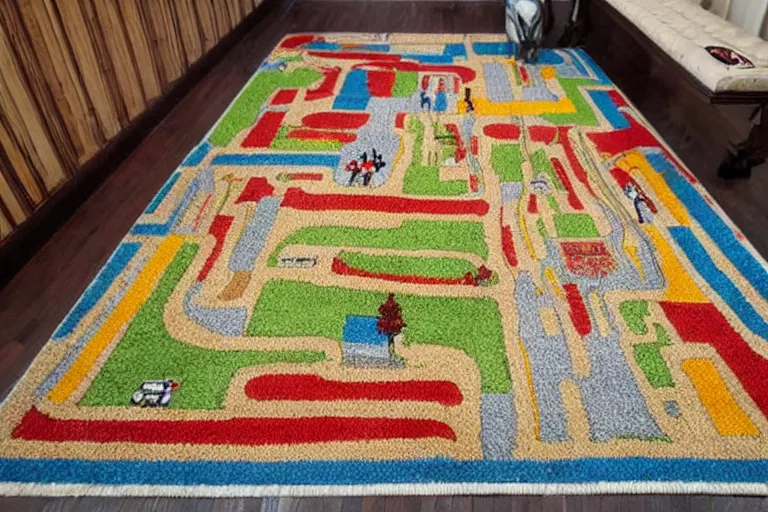 Image similar to an elaborate kids road map carpet rug, detailed, made of penned illustrations, by wes anderson and geoff darrow!!!!!