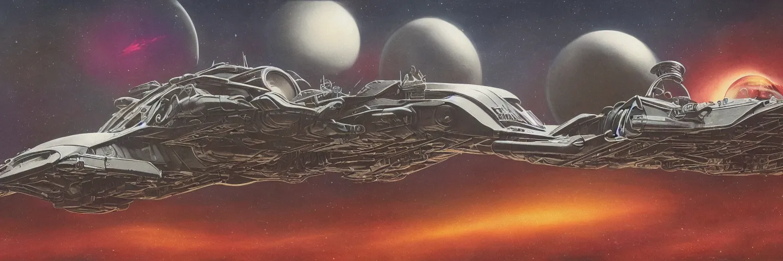 Image similar to By Jim bush and ed repka, air brush illustration, matte painting of a vintage alien ship landing on an alien planet, epic scope, retro futuristic, 80s, science fantasy, symmetry accurate features, very intricate details, artstation