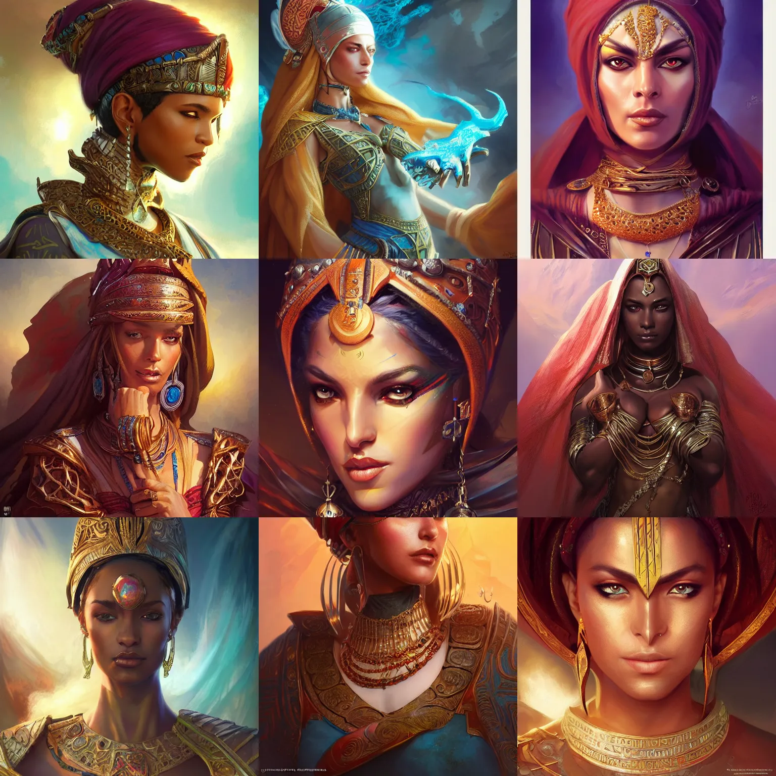 Prompt: saharan empress, D&D, fantasy, portrait, highly detailed, digital painting, trending on artstation, concept art, sharp focus, illustration, art by artgerm and greg rutkowski and magali villeneuve