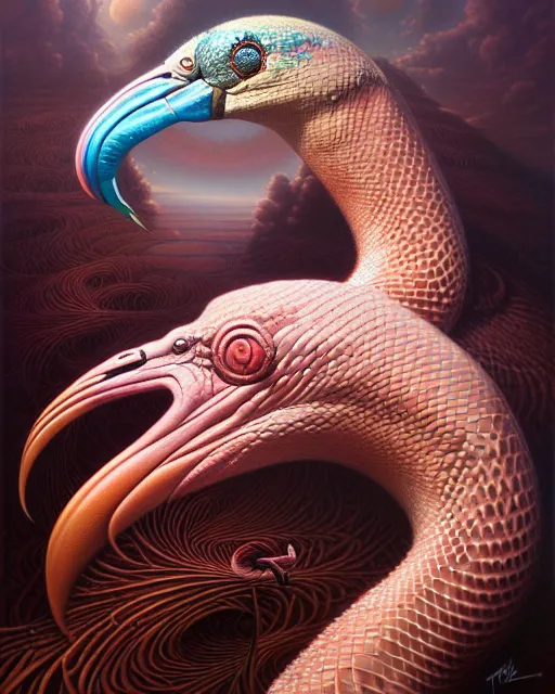 Image similar to a detailed portrait of dreampunk flamingo python hybrid mix by tomasz alen kopera and peter mohrbacher