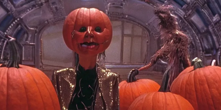 Image similar to cinematography of the 1985 film Return To Oz Character Jack pumpkin head standing in the mirrored palace of princess Mombi in the style of the 1985 film Return To Oz Shot on Film by Return To Oz Cinematographer David Watkin on a cooke panchro 18mm lens.