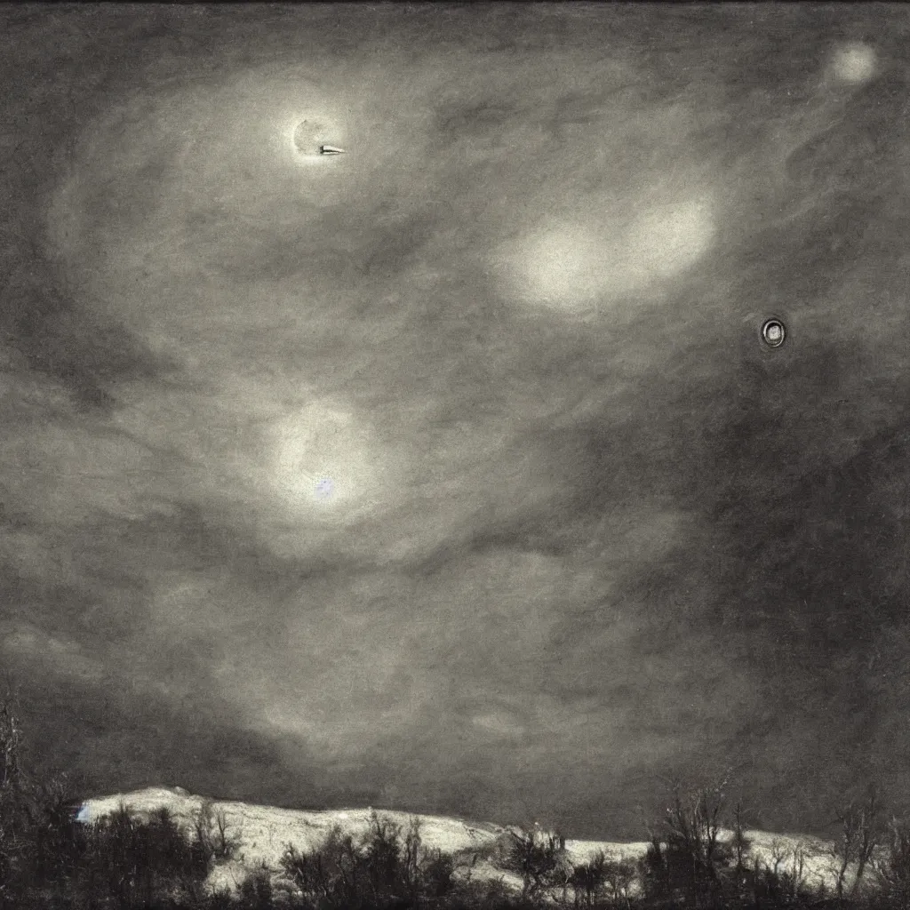 Prompt: a single vast unblinking eye looms in the sky in the depth of night, its pupil pointing straight at the viewer, above bare trees and snow-covered countryside, cosmic horror, Arnold Böcklin