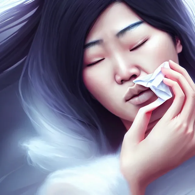 Prompt: epic professional digital portrait art of Asian female lawyer with a cold blowing her nose, best on artstation, cgsociety, wlop, Behance, pixiv, astonishing, impressive, outstanding, epic, cinematic, stunning, gorgeous, much detail, much wow,, masterpiece.