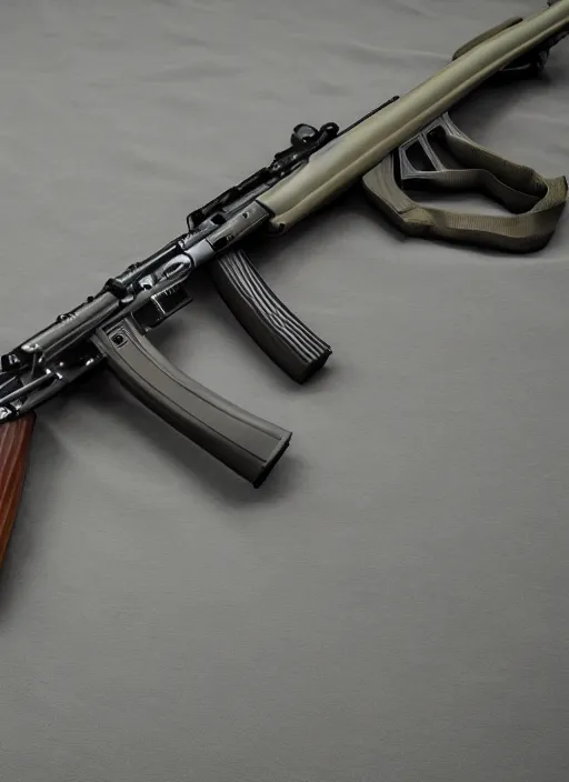 Image similar to hyperrealistic and heavy detailed product photo of ak - 7 4, in front rifle of white back drop, whole is in picture, vivid color, high quality, high textured, real life