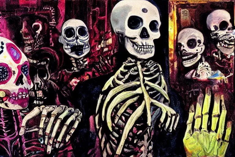 Image similar to scene from scarface, day of the dead, cyber skeleton, neon painting by otto dix