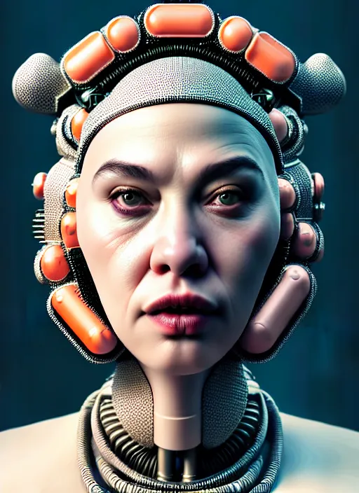 Image similar to portrait of an absurdly ugly, awful disgusting fat gross woman, fashionable cyberpunk mechanoid, hong kong city background, hyperdetailed illustration by irakli nadar and alexandre ferra, intricate linework, white porcelain skin, faberge, coral headdress, unreal engine 5 highly rendered, global illumination, radiant light, detailed and intricate environment