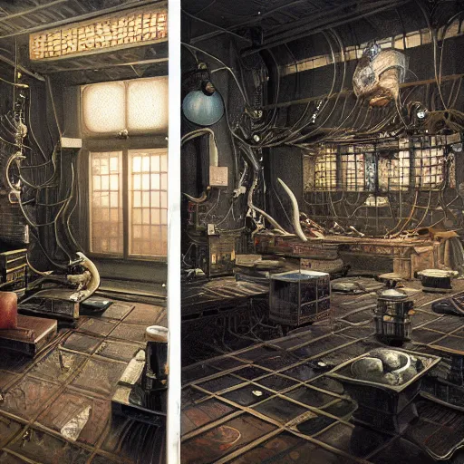 Image similar to detailed painting of a japanese repair shop interior room with celestial ephemeral ornaments and hr giger architecture, artstation, greg crewdson, cinematic