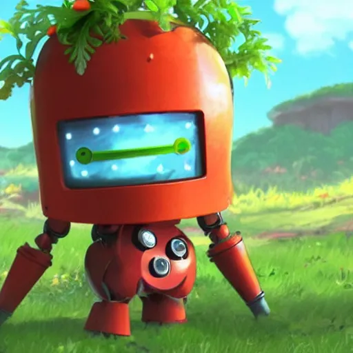 Prompt: cute robot made of plants with tomato hat and a carrot sword, made in abyss style