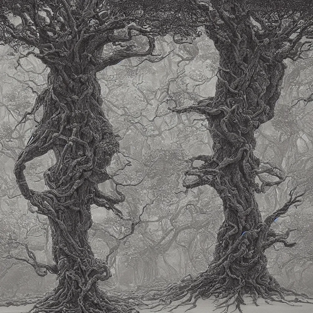 Image similar to tree of life, yggdrasil, moody lighting, by moebius, by laurie lipton