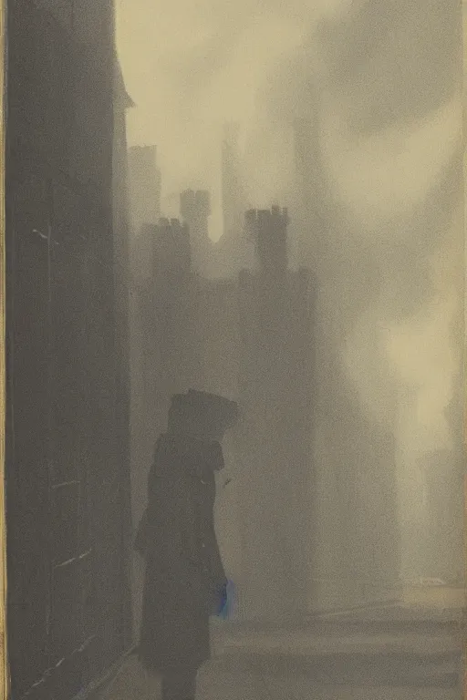 Prompt: portrait of a villain at night, illustration, standing in a gaslit london alleyway, golden fog