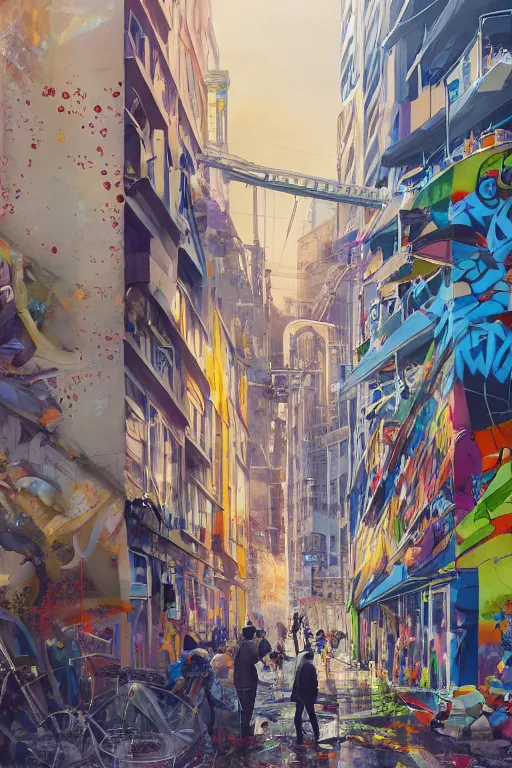 Image similar to people in a busy city people looking at a white building covered with a 3d graffiti mural with paint dripping down to the floor, professional illustration by hiroshi yoshida, painterly, yoshitaka Amano, artgerm, moebius, loish, painterly, and james jean, illustration, sunset lighting