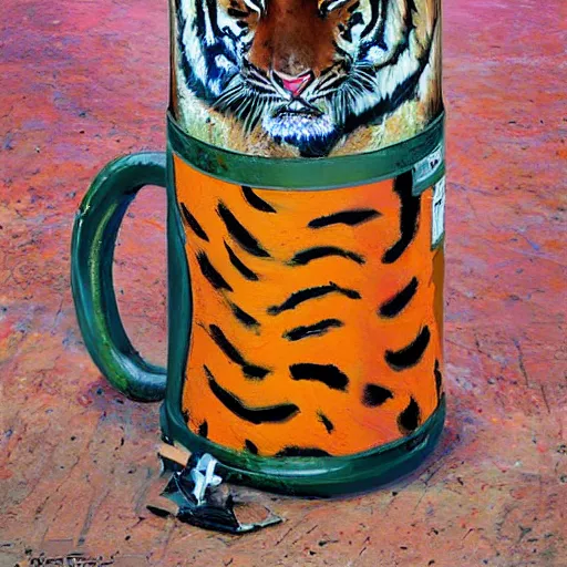 Image similar to tiger print by steve henderson, by pete turner experimental. in this body art, the artist has used a photo - realist style to depict a can of soup. the can is placed on a plain background, & the artist has used bright, primary colors to create a striking image. the body art is both realistic & abstract