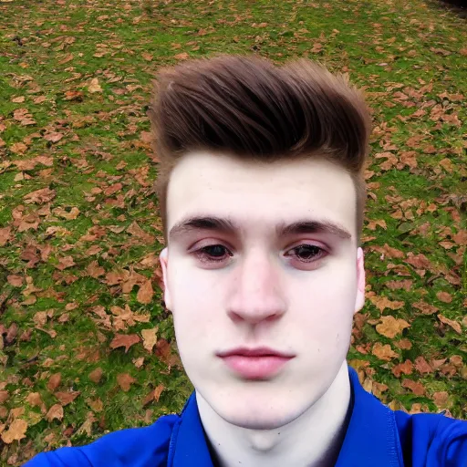 Image similar to A Selfie by a scottish 20 year old man infront of leaves filling the screen. Blue jacket wearing man with short hair and short facial hair. Short bearded man with brown hair. HD stunning photograph by Canon. Looking directly towards camera this man with a triangular thin shape and thin nose is off center to the left of the frame.