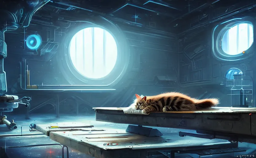 Prompt: a cat sleeping on a mechanics workbench in a spaceport, space opera and dystopian style, d & d, fantasy concept art, global illumination, interesting composition, volumetric lighting, art by enki bilial, highly detailed