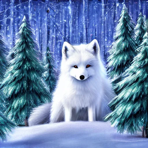 Prompt: beautiful cute fluffy white fox in forest of christmas trees with icicles dripping from branches magical realism detailed painting 4K