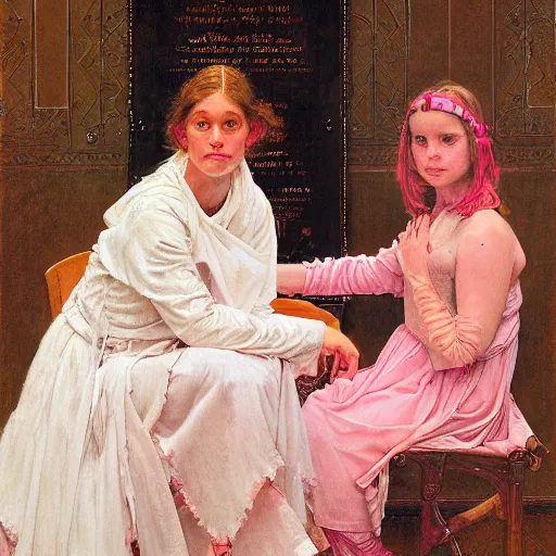 Prompt: a frontal portrait of a young priestess, dressed in white and pink, ( so happy, her face hurts ), by donato giancola and norman rockwell.