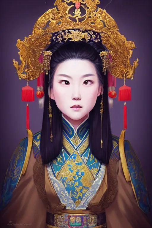 Image similar to a lovely and shiny young empress of qing dynasty, face by artgerm, ross tran, fuji choko, loish, 8 k resolution, attractive, symmetrical portrait, beautifully detailed landscape of ruin, trending on pixiv and pinterest, charming black eyes, luxury, perfect face, smooth, dreamlike