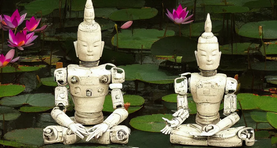 Image similar to a 1 0 0 0 armed quan yin robot sitting in prayer in the lotus garden, digital art h 9 6 0