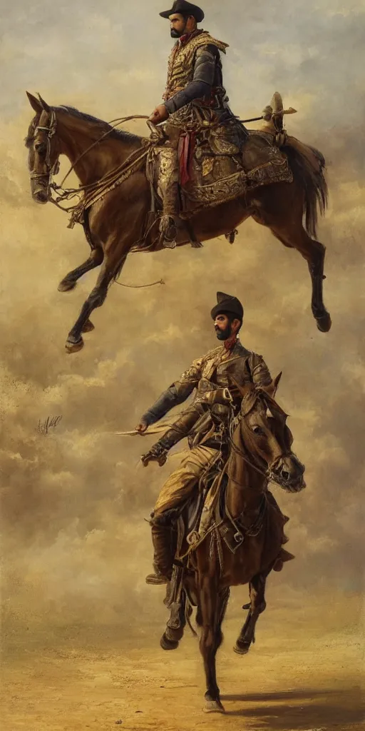 Prompt: Highly detailed and cinematic romantic period oil painting of an Arabian soldier riding a rearing horse, strong atmosphere, oil painting masterpiece by Josep Tapiró Baró, symmetry, fractals