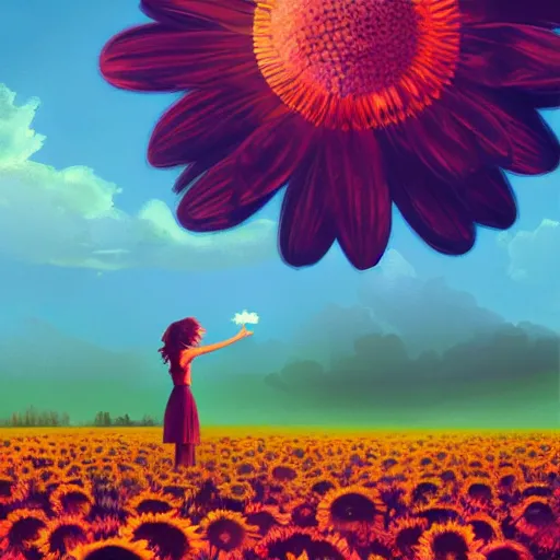 Prompt: giant daisy flower face, full body girl standing in a flower field, surreal photography, sunrise, dramatic light, impressionist painting, colorful clouds, digital painting, artstation, simon stalenhag