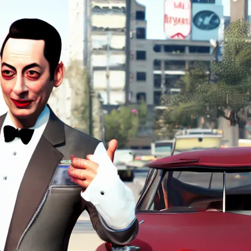 Image similar to pee wee herman in grand theft auto hyperrealistic, concept art, octane render, unreal engine 5, highly detailed, high quality, 8 k, soft lighting, realistic face, path traced