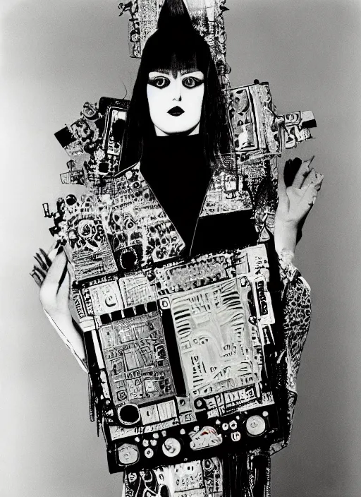 Image similar to Portrait of a punk goth fashion fractal cosmonaut girl with a television head wearing kimono made of circuits and leds, surreal photography by Man Ray