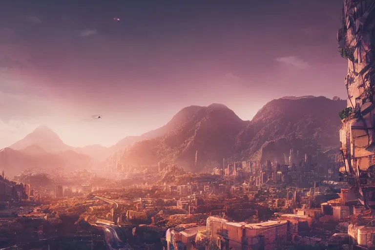 Image similar to a scenic view of a city build on and around a mountain, market and gardens, james paick and beeple, imax quality, cinematic photography, cinematic, ue 5, realistic, highly - detailed, sci - fi