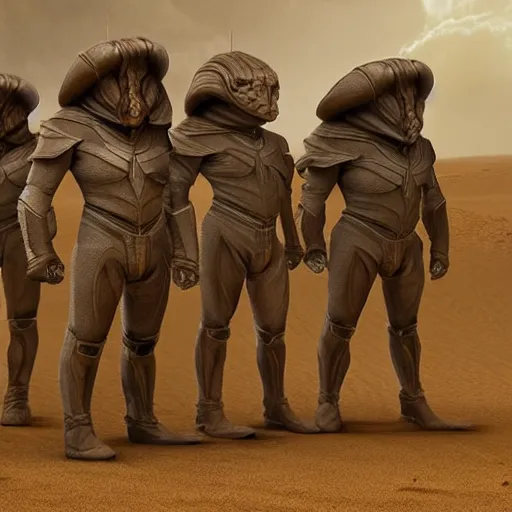 Image similar to the dwarves in futuristic costumes from the Dune movie by Denis Villeneuve, highly detailed photorealistic cinematic photoshot, high quality light postprocessing