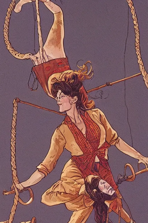 Prompt: maria. Smug old west circus acrobat. concept art by James Gurney and Mœbius.
