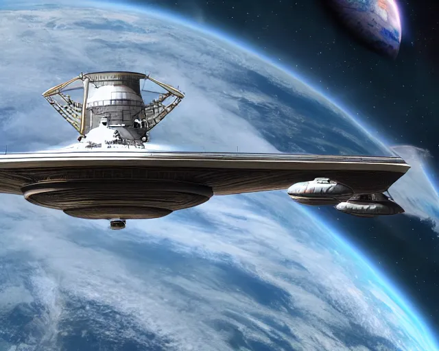 Prompt: the starship enterprise in earth orbit, by cameldeath