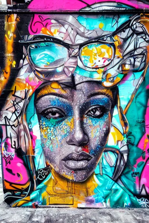 Prompt: a highly detailed beautiful portrait in the style of graffiti street art