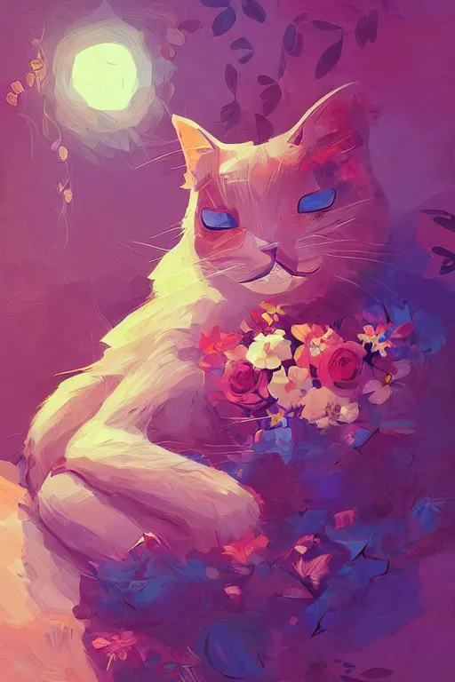 Image similar to a digital art of a cat sleeping in the room with flowers around in the afternoon, the sun shines in, animal, light effect, highly detailed, by anton fadeev