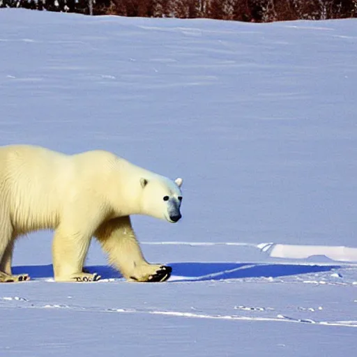 Image similar to The polar bear is white and fuzzy, and it's walking across a field of snow. The snow is deep and pristine, and the air is frigid. The polar bear is trudging through the snow, its head down and its breath visible in the cold air, by wu daozi, qiu ying, gu gaizhi