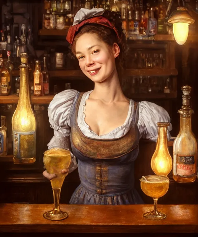 Image similar to hyperrealistic mixed media painting of a beautiful smiling charismatic barmaid, dimly lit cozy tavern, relaxed pose, medieval period, stunning 3d render inspired art by Tim Okamura + perfect facial symmetry + dim volumetric lighting, 8k octane beautifully detailed render, post-processing, extremely hyperdetailed, intricate, epic composition, grim yet sparkling atmosphere, cinematic lighting + masterpiece, trending on artstation, very very detailed, masterpiece, stunning, lifelike, photorealistic, art by John Collier and Albert Aublet and Krenz Cushart and Artem Demura and Alphonse Mucha