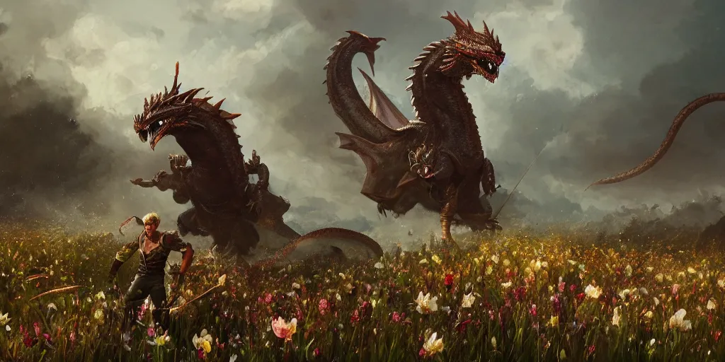 Prompt: male fighter ridding a dragon in a field of flowers, superwide angle, D&D, fantasy, intricate, cinematic lighting, highly detailed, digital painting, artstation, concept art, smooth, sharp focus, illustration, art by Greg Rutkowski