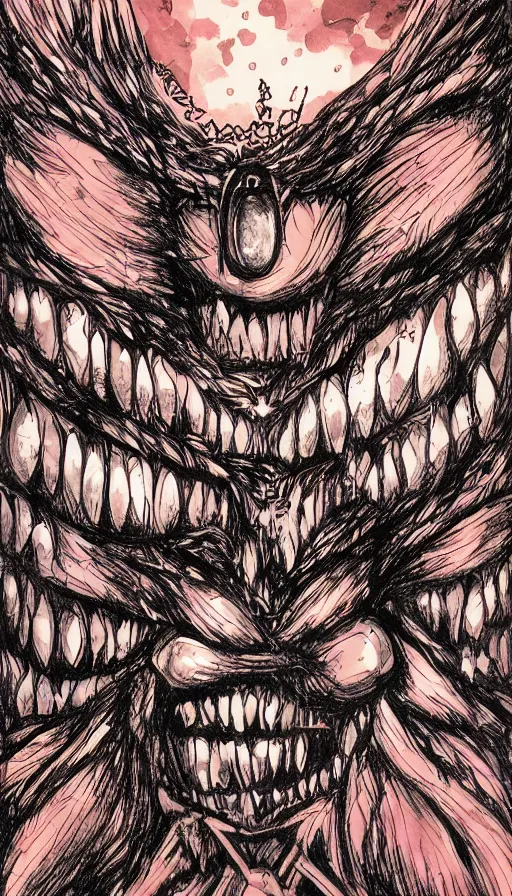 Image similar to a storm vortex made of many demonic eyes and teeth, from cryptid academia