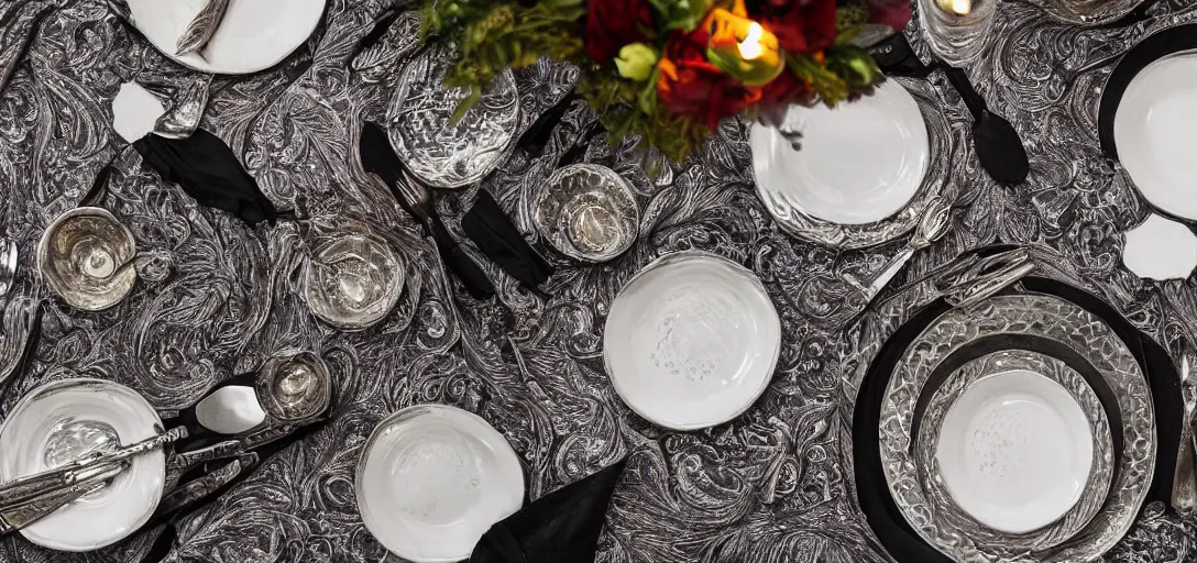 Image similar to plate made of finley detailed damascus steel, jeweled table cloth, silver knives and forks, candlelight, fireplace wide angle photograph