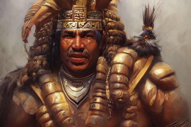 Image similar to A beautiful oil cartoony painting of a inca king capac, by Lucas Graciano, Frank Frazetta, Greg Rutkowski, Boris Vallejo, epic fantasy character art, high fantasy, Exquisite detail, post-processing, low angle, masterpiece, cinematic