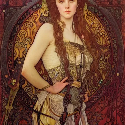 Prompt: realistic detailed face portrait of Jennifer Connelly as a beautiful young medieval queen by Alphonse Mucha, Ayami Kojima, Amano, Charlie Bowater, Karol Bak, Greg Hildebrandt, Jean Delville, and Mark Brooks, Art Nouveau, Pre-Raphaelite, Neo-Gothic, gothic, rich deep moody colors