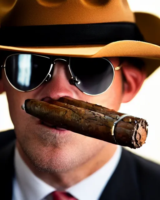 Prompt: close up photo of a fox animal wearing a suit, white cowboy hat, and aviator sunglasses, holding a cigar, highly detailed photograph, smooth, global illumination, 8 5 mm f / 1. 4