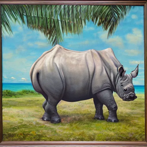 Image similar to oil on canvas of, rhinoceros laying an egg in hawaii