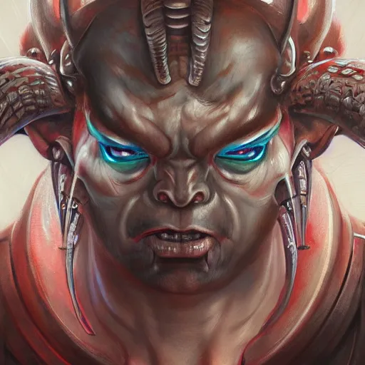 Image similar to portrait, cyberpunk japanese oni demon with horns, stern expression, long hair, highly detailed, digital painting, artstation, concept art, smooth, sharp focus, illustration, artgerm, tomasz alen kopera, peter mohrbacher, donato giancola, joseph christian leyendecker, wlop, frank frazetta